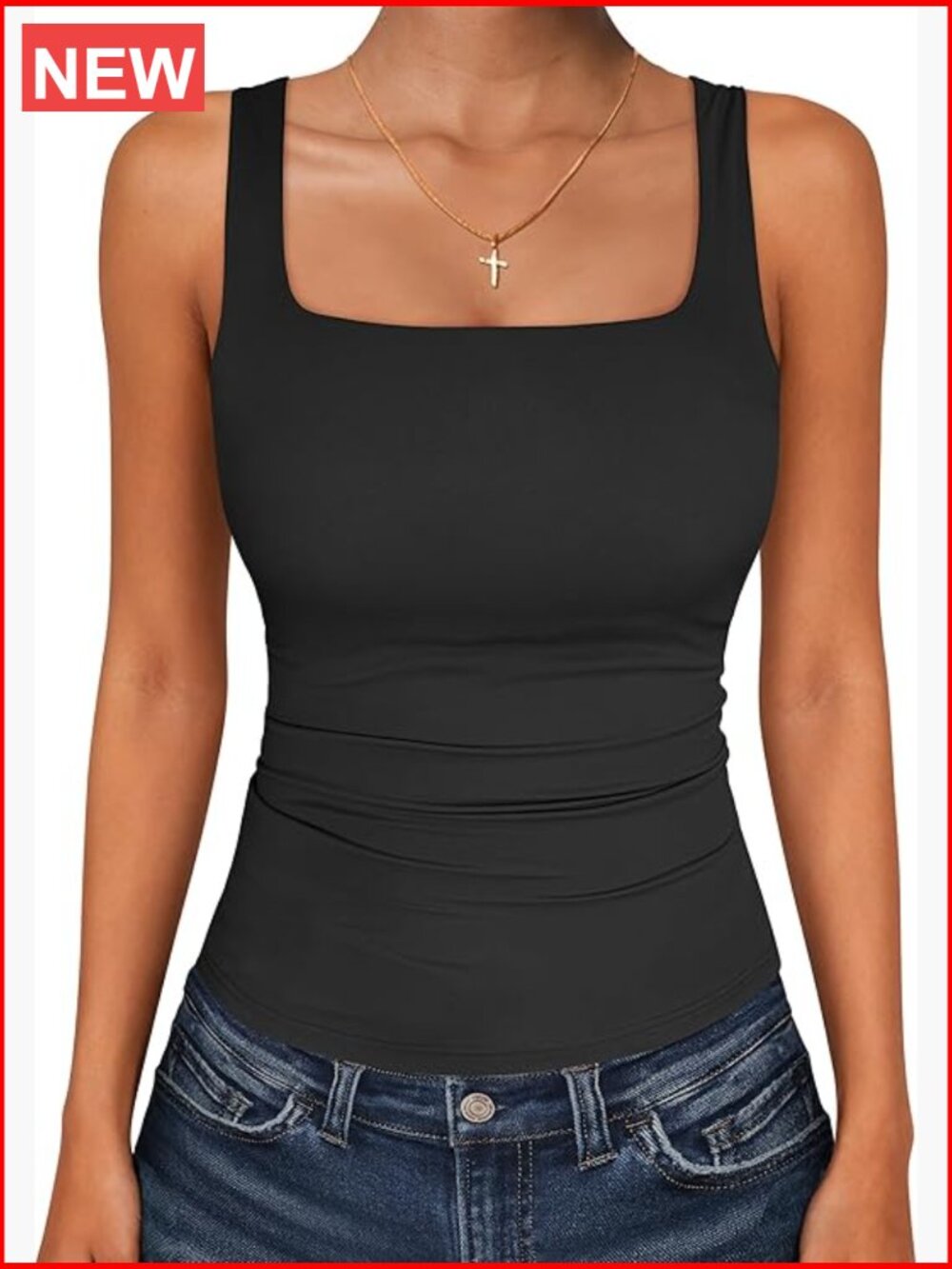Double Lined Square Neck Sleeveless Tank Top Skinny Fit Workout Tee